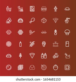 Editable 36 cuisine icons for web and mobile. Set of cuisine included icons line Restaurant, Pot, Red bean soup, Onigiri, Grate, Dish, Seasoning, Bowl, Sauces, Pizza, Skewer on red