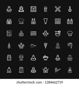 Editable 36 culinary icons for web and mobile. Set of culinary included icons line Waitress, Flambe, Apron, Grater, Fruit bowl, Chef, Mayonnaise, Mixer, Whisk on black background