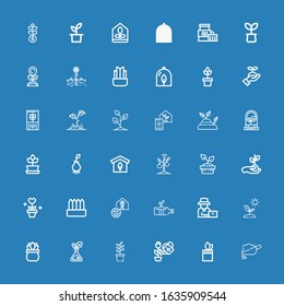 Editable 36 cultivation icons for web and mobile. Set of cultivation included icons line Soil, Plant, Sprout, Farmer, Greenhouse, Root, Grow on blue background