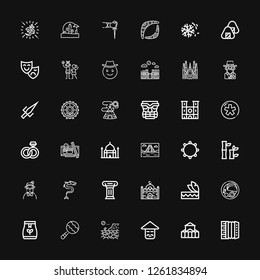 Editable 36 culture icons for web and mobile. Set of culture included icons line Accordion, Theater, Chinese, Desert, Maraca, Tea bag, Indian, Headdress, Mosque on black background