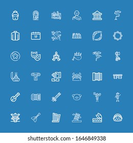 Editable 36 culture icons for web and mobile. Set of culture included icons line Taco, Headdress, Pisa, Harp, Balalaika, Pagoda, Chinese, Acting, Koala, Chopsticks on blue background