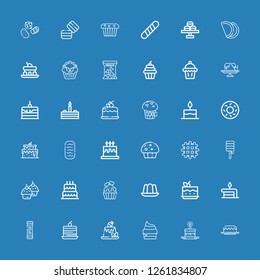 Editable 36 cupcake icons for web and mobile. Set of cupcake included icons line Cake, Cupcake, Pudding, Snack, Birthday cake, Jelly, Sweet, Waffle, Muffin on blue background