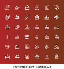 Editable 36 cupcake icons for web and mobile. Set of cupcake included icons line Cake, Pudding, Muffin, Jelly, Cupcake, Waffle, Snack, Roll cake, Birthday cake, Macaron on red