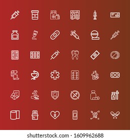 Editable 36 cure icons for web and mobile. Set of cure included icons line Pill, Tooth, Plaster, Cancer, Pills, Bandages, Medicine, No drugs, Medical prescription, Drugs on red