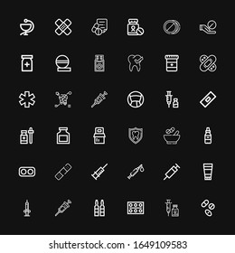 Editable 36 iconos de cura para web y móvil. El conjunto de iconos de la cura incluía fármacos, vacunas, píldoras, jeringas, pomada, vejiga, medicamentos, medicamentos, dientes, fármacos sobre fondo negro