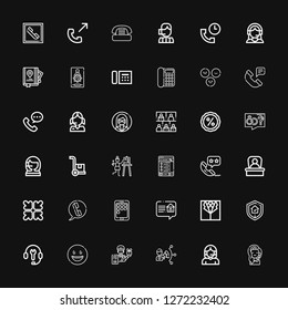 Editable 36 customer icons for web and mobile. Set of customer included icons line Call center, Coordination, Delivery man, Happy, Customer support, Guarantee on black background
