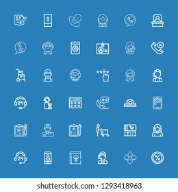 Editable 36 customer icons for web and mobile. Set of customer included icons line Discount, Suit, Call center, Guide book, Phone, Support, Supermarket, Delivery man on blue background