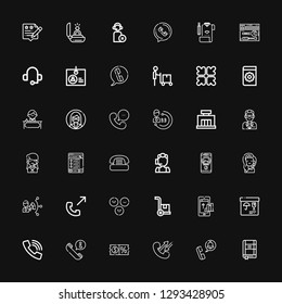 Editable 36 customer icons for web and mobile. Set of customer included icons line Contact list, Phone call, Call, Discount, Merchandise, Phone, Cargo, Satisfaction on black background