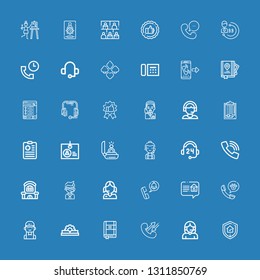 Editable 36 customer icons for web and mobile. Set of customer included icons line Guarantee, Call center, Call, Contact list, Manual, Delivery man, Review on blue background