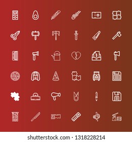 Editable 36 cut icons for web and mobile. Set of cut included icons line Firewood, Butcher, Saw, Knife, Guillotine, Diskette, Scissors, Hair dryer, Puzzle, Trunk, Pizza on red