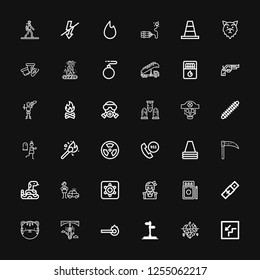 Editable 36 danger icons for web and mobile. Set of danger included icons line Stairs, Iceberg, Street sign, Match, Bungee jumping, Tiger, Belt, Matches, Pirate on black background