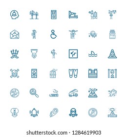 Editable 36 danger icons for web and mobile. Set of danger included icons line Eruption, No alcohol, Gas mask, Fire, Alarm, Iceberg, Volcano, Stair truck on white background