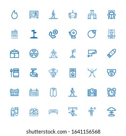 Editable 36 danger icons for web and mobile. Set of danger included icons line Nuclear, Detective, Bungee jumping, Safety mask, Arctic, Bullet, Alarm, Dinamite on white background