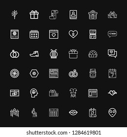 Editable 36 day icons for web and mobile. Set of day included icons line Alien, Calendar, Kiss, Mother, Fireworks, Cupid, Jester, Gift, Peace, Events, Leprechaun on black background
