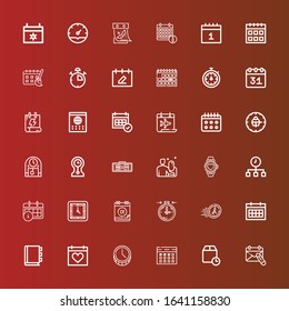 Editable 36 deadline icons for web and mobile. Set of deadline included icons line Calendar, Wait time, Time, Appointment book, Stopclock, Wall clock, Watch, Date, Digital clock on red