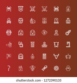 Editable 36 death icons for web and mobile. Set of death included icons line Ghost, Explosion, Fish bone, Skull, Lighter, Scythe, Spider, Bull skull, Guillotine, Death on red