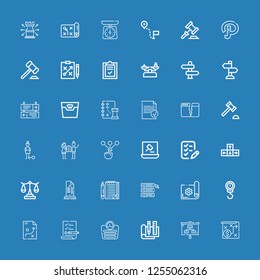 Editable 36 decision icons for web and mobile. Set of decision included icons line Strategy, Planning, Plan, Scale, List, Direction, Auction, Choice, Guilt on blue background