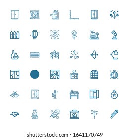 Editable 36 decor icons for web and mobile. Set of decor included icons line Fireworks, Fireplace, Vase, Cupid, Bauble, Wardrobe, Nightstand, Lantern, Closet on white background