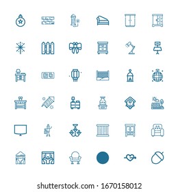 Editable 36 decor icons for web and mobile. Set of decor included icons line Acorn, Cupid, Lantern, Armchair, Curtains, Curtain, Wardrobe, Cage, Chandelier on white background