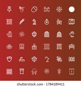 Editable 36 decor icons for web and mobile. Set of decor included icons line Wardrobe, Bird house, Fireworks, Armchair, Nightstand, Fence, Moth, Desk lamp, Acorn, Table on red