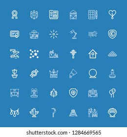 Editable 36 decoration icons for web and mobile. Set of decoration included icons line Shell, Party, Birthday cake, Scythe, Eagle, Necklace, Balloon, Romantic dinner on blue background