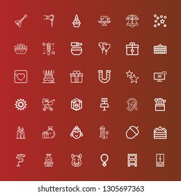 Editable 36 decoration icons for web and mobile. Set of decoration included icons line Closet, Cabinet, Necklace, Boar, Vase, Dragon, Flood, Acorn, Fireworks, Indian, Gifts on red