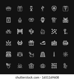 Editable 36 decoration icons for web and mobile. Set of decoration included icons line Fireworks, Pattern, Pumpkin, Gift, Crown, Acorn, Firework, Candle, Birthday cake on black background