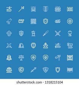 Editable 36 defense icons for web and mobile. Set of defense included icons line Fence, Shield, Sword, Justice, Slingshot, Antivirus, Gas mask, Law, Submarine on blue background