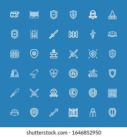 Editable 36 defense icons for web and mobile. Set of defense included icons line Shield, Judge, Fence, Sword, Gas mask, Swords, Submarine, Cannon, Tank, Force on blue background