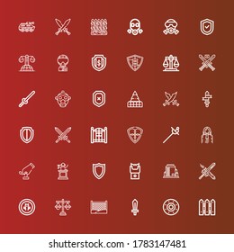Editable 36 defense icons for web and mobile. Set of defense included icons line Fence, Shield, Sword, Justice, Tank, Stun gun, Judge, Cannon, Swords, Gas mask, Military on red