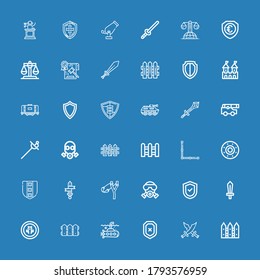 Editable 36 defense icons for web and mobile. Set of defense included icons line Fence, Swords, Shield, Submarine, Sword, Gas mask, Slingshot, Cannon, Tank on blue background