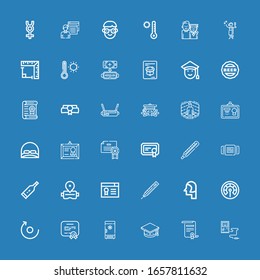 Editable 36 degree icons for web and mobile. Set of degree included icons line Thermometer, Certificate, Mortarboard, Freezer, Diploma, Rotate, Student, Virtual reality on blue background