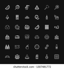 Editable 36 delicious icons for web and mobile. Set of delicious included icons line Waffle, Syrup, Chocolate bar, Watermelon, Cake, Croissant, Ketchup, Biscuit on black background