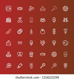 Editable 36 delicious icons for web and mobile. Set of delicious included icons line Ice cream, Lollipop, Ketchup, Candy, Pizza, Carrots, Popcorn, Pretzel, Pie, Cookie on red