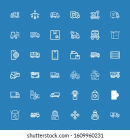 Editable 36 deliver icons for web and mobile. Set of deliver included icons line Delivery, Delivery man, Move, Truck, Box, Mobile, Delivery truck, Forklift on blue background