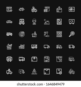 Bearbeitbar 36 mit Icons für Web und Mobile. Set mit der Lieferung inklusive Ikonen Linie Truck, Paket, Schiff, Van, Trailer, Versand, Container, Koch, Kurier auf schwarzem Hintergrund