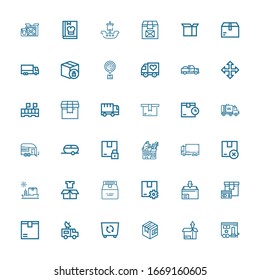 Editable 36 delivering icons for web and mobile. Set of delivering included icons line Trailer, Package, Container, Van, Ship, Truck, Move, Pick up, Logistics on white background