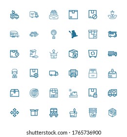 Editable 36 delivering icons for web and mobile. Set of delivering included icons line Package, Container, Van, Move, Truck, Ship, Shipping, Courier, Logistic on white background