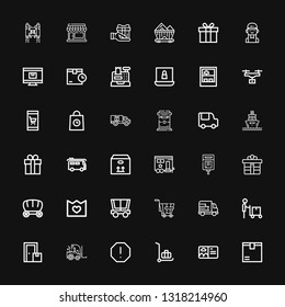 Editable 36 delivery icons for web and mobile. Set of delivery included icons line Package, Postcard, Delivery cart, Spam, Forklift, Box, man, on black background