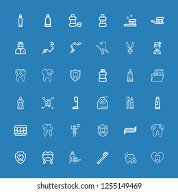 Editable 36 dentist icons for web and mobile. Set of dentist included icons line Tooth, Toothbrush, Toothpaste, Dental, Dentist, Denture, Dental floss, Prothesis on blue background