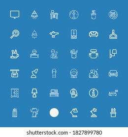 Editable 36 desk icons for web and mobile. Set of desk included icons line Pencil case, Desk lamp, Sofa, Lamp, Bedroom, Information, Customer service, on blue background