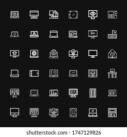 Editable 36 desktop icons for web and mobile. Set of desktop included icons line Old computer, Laptop, Tablet, Computer, Monitor, Desk, Keyboard, Screen, Monitoring on black background