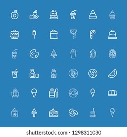 Editable 36 dessert icons for web and mobile. Set of dessert included icons line Ice cream cone, Frozen yogurt, Jelly beans, Cake, Watermelon, Ice cream, Sponge cake on blue background