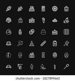 Editable 36 dessert icons for web and mobile. Set of dessert included icons line Marshmallow, Milkshake, Melon, Ice cream, Honey, Croissant, Cake, Candy, Cream on black background