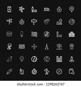 Editable 36 destination icons for web and mobile. Set of destination included icons line Localize, Compass, Sign Post, Pinned, Marker, Location, Notre dame on black background