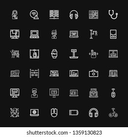 Editable 36 device icons for web and mobile. Set of device included icons line Game, Headphones, Graphic tablet, Mouse, Laptop, Hologram, Controller, Computer on black background