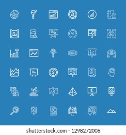 Editable 36 diagram icons for web and mobile. Set of diagram included icons line Pyramid, Presentation, Graphic, Analytics, Sale, Growth, Data, Statistics, Diagram on blue background