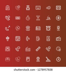 Editable 36 dial icons for web and mobile. Set of dial included icons line Clock, Control, Clocks, Phone, Time, Phone call, Level, Radio, Call, Levels, Alarma clock, Telephone on red