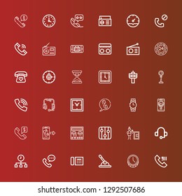 Editable 36 dial icons for web and mobile. Set of dial included icons line Call, Time, Control, Telephone, Phone call, Headset, Safety box, Levels, Control panel, Wristwatch on red