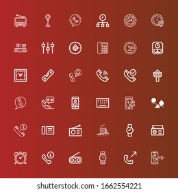 Editable 36 dial icons for web and mobile. Set of dial included icons line Call, Phone call, Wristwatch, Radio, Clock, Telephone, Time, Phone, Keypad, Level, Clocks, Wall clock on red